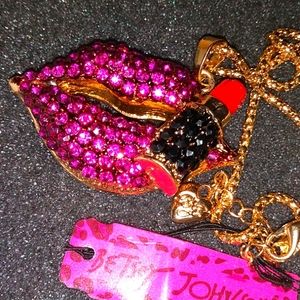 Dark Pink Crystal Lips with Red Lipstick Pendant Necklace